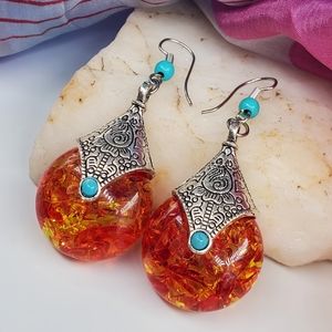 Moroccan Teardrop Silver Earrings Resin Amber Turquoise Ethnic Boho